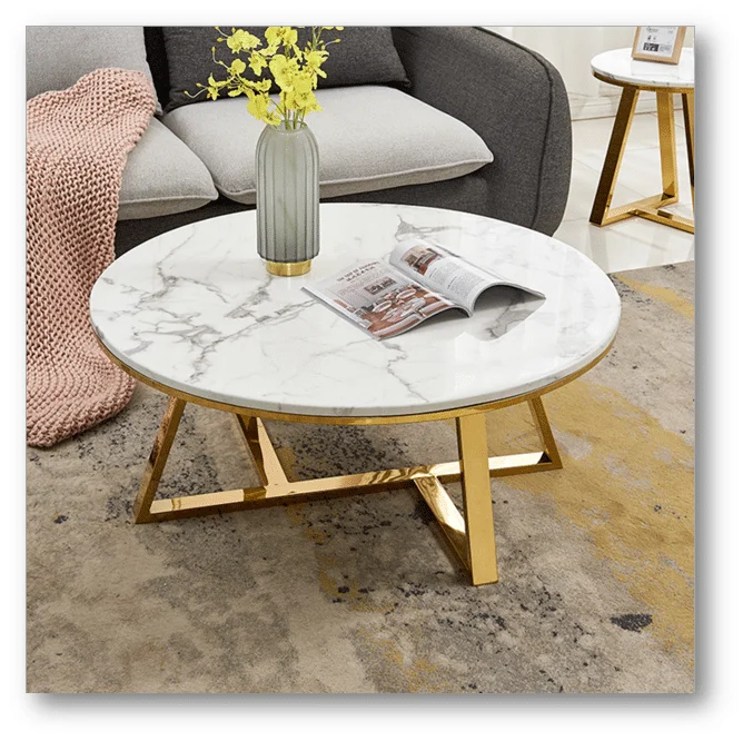 Round shaped coffee table with white marble on top.