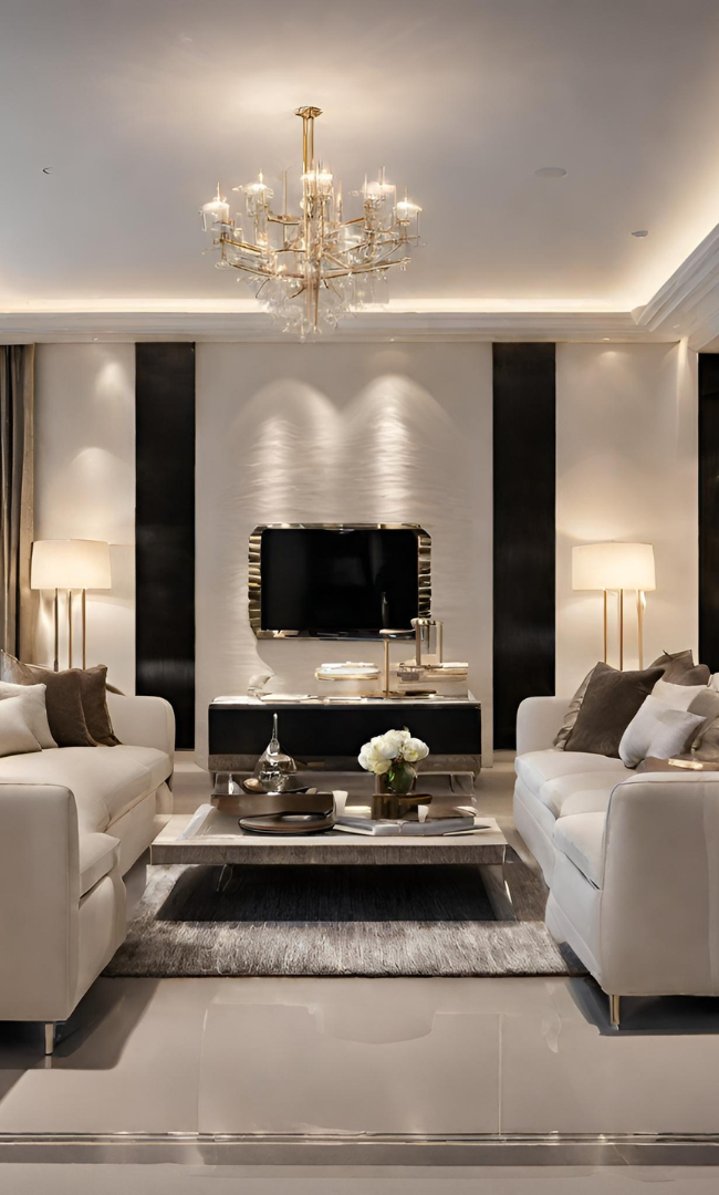 Luxury living room featuring the color off-white _ shruti sodhi interior design.