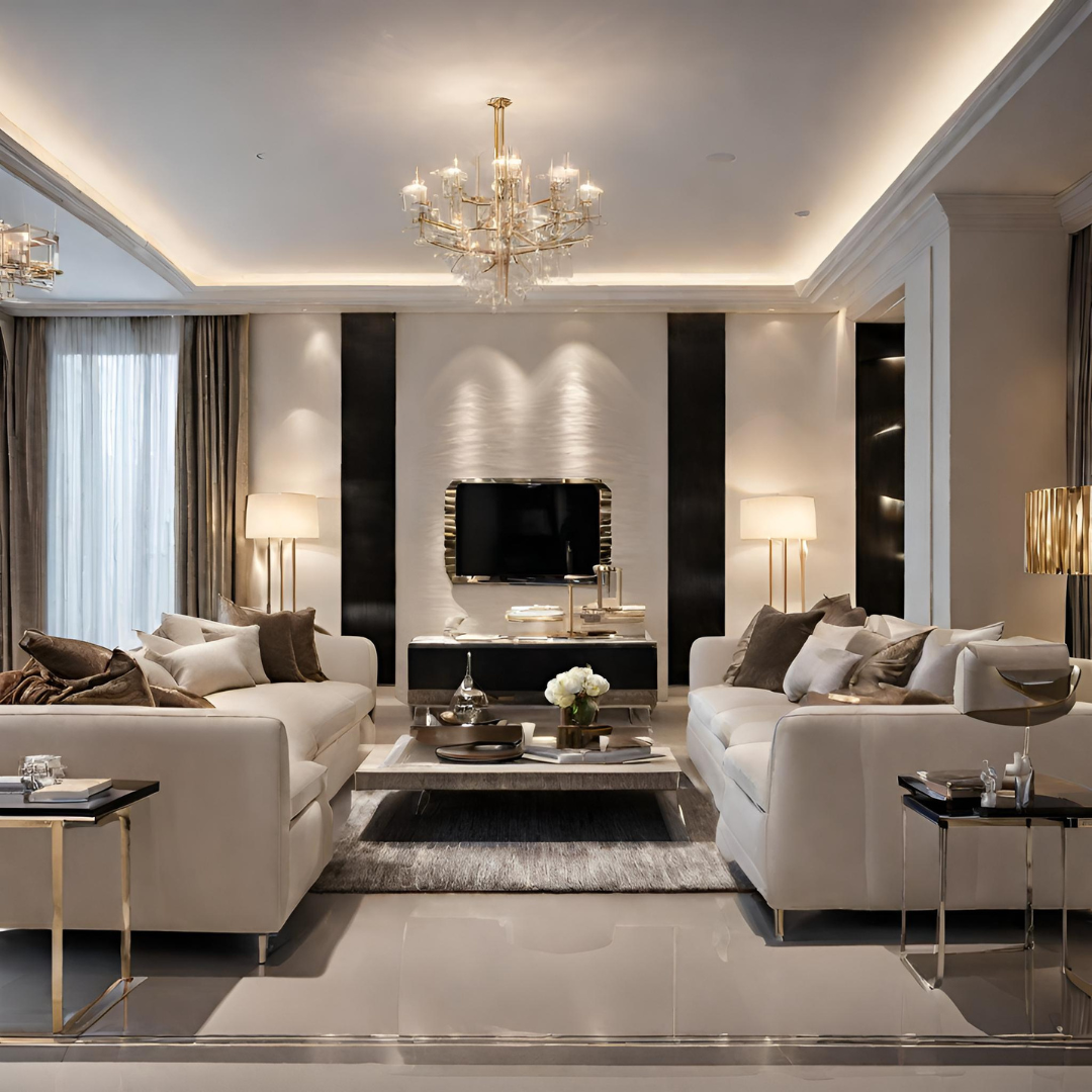 Luxury living room featuring the color off-white _ shruti sodhi interior design.