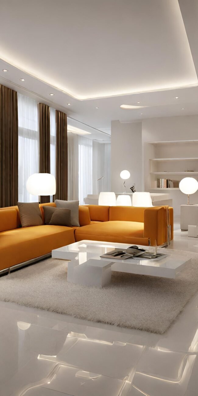Orange sofa and a white center table _ shruti sodhi interior design.
