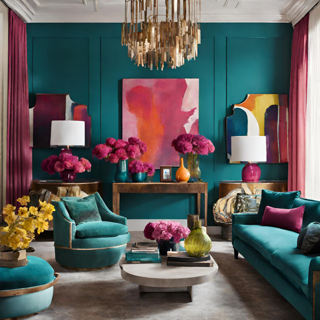 A luxurious drawing room featuring the color purple.