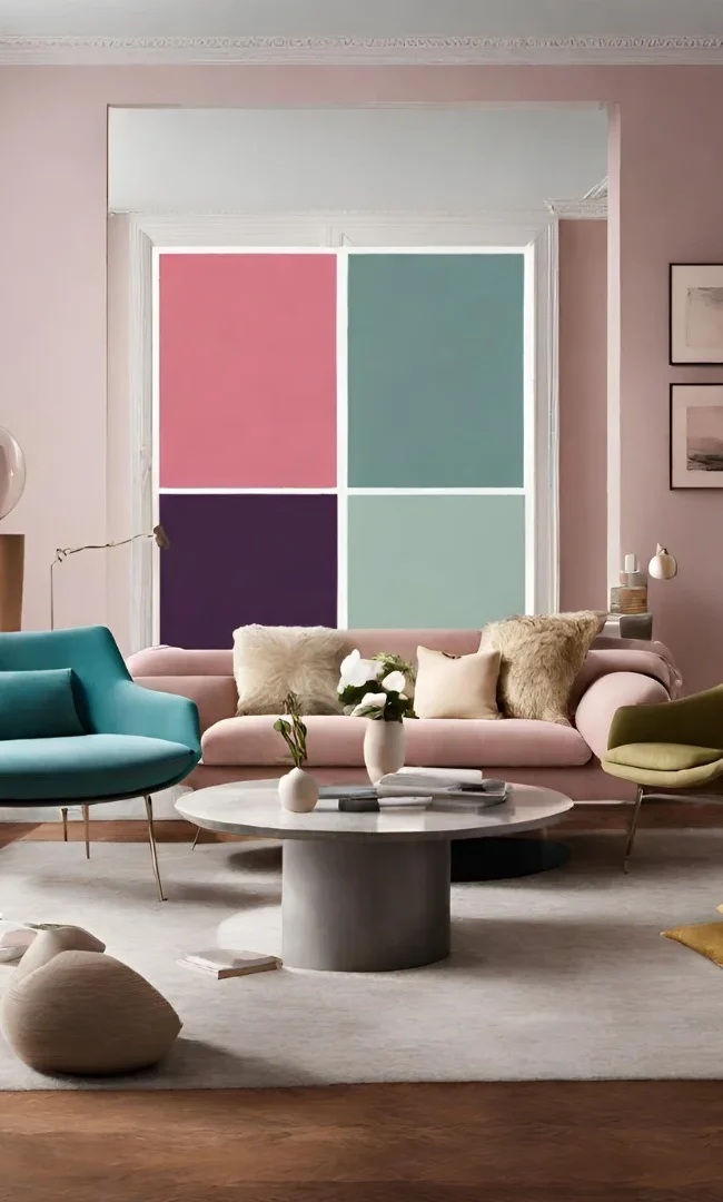 A luxury living room featuring a light pink color.