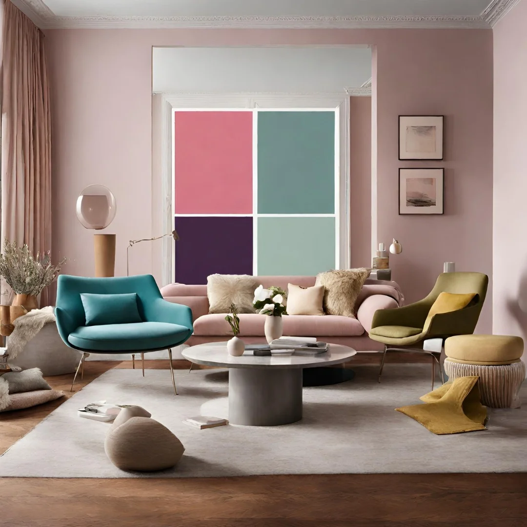 A luxury living room featuring a light pink color.