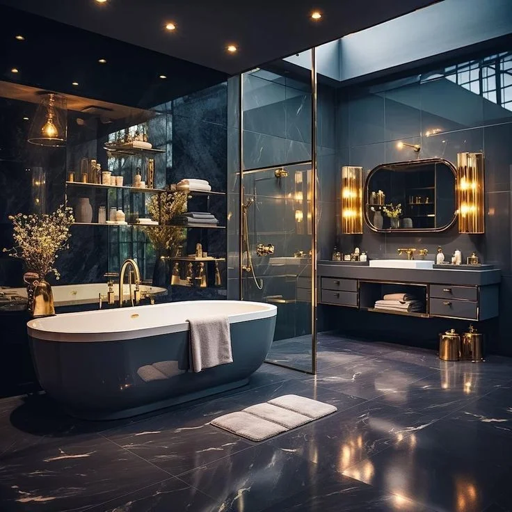 A magnificent bathroom with glossy blue tiles. showcasing a beautiful bathtub, a magnificent LED mirror, and a glass door. learn how to make a bathroom luxurious.