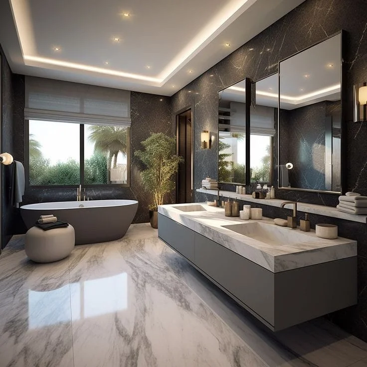 A luxurious bathroom with a modern design featuring a sleek black bathtub, dual marble sinks, and large windows letting in natural light. The walls are adorned with dark, textured panels, and the space is enhanced by lush greenery and ambient ceiling lighting. Learn how to design a luxury bathroom with a perfect bathtub.
