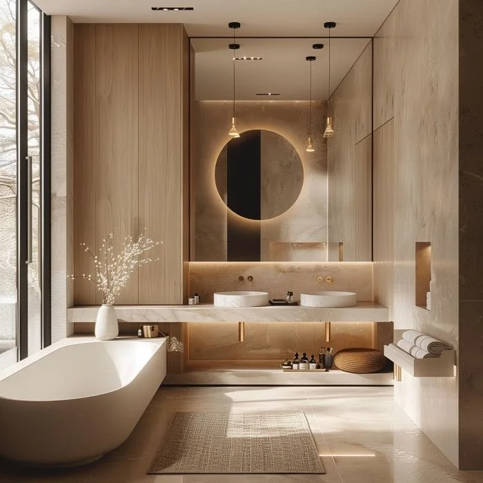 A sophisticated, light-toned bathroom showcasing a freestanding white bathtub, a round LED-lit mirror, and elegant wooden cabinetry. The bathroom exudes warmth and tranquility with its soft lighting and minimalist decor. Discover tips on how to design a luxury bathroom with a perfect bathtub.