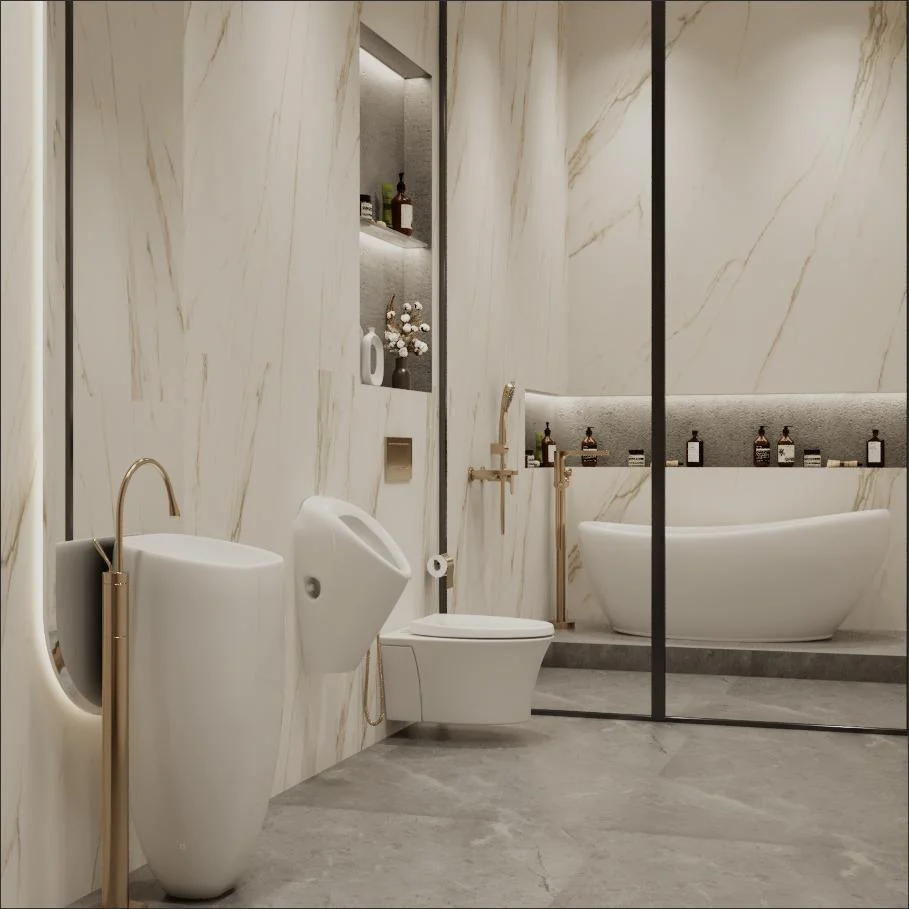 A contemporary bathroom featuring a freestanding white bathtub, matte tiles, and gold fixtures. The space includes a urinal and a toilet, with built-in shelves and soft, ambient lighting. Explore ideas on how to design a luxury bathroom with a perfect bathtub.