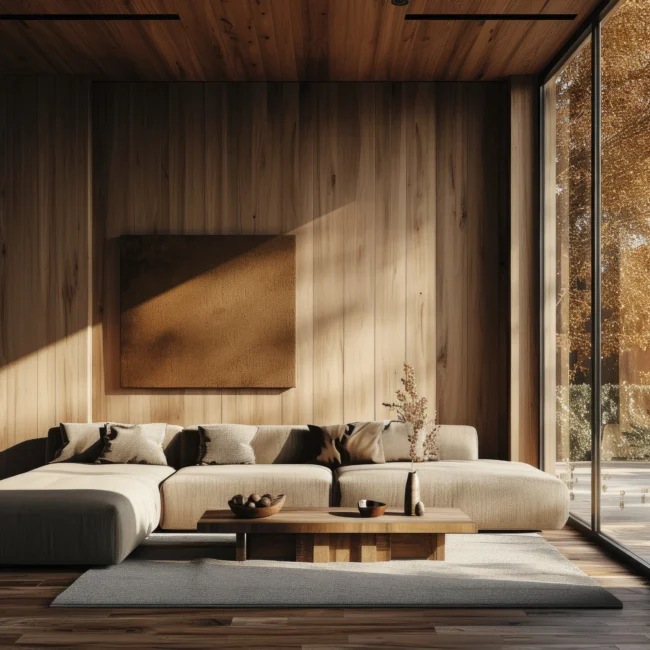 A rustic-themed interior featuring wood-finished ceiling and wall panels, complemented by a beautiful light brown sofa and a wood-finished center table. Learn how to choose the perfect furniture for your home.