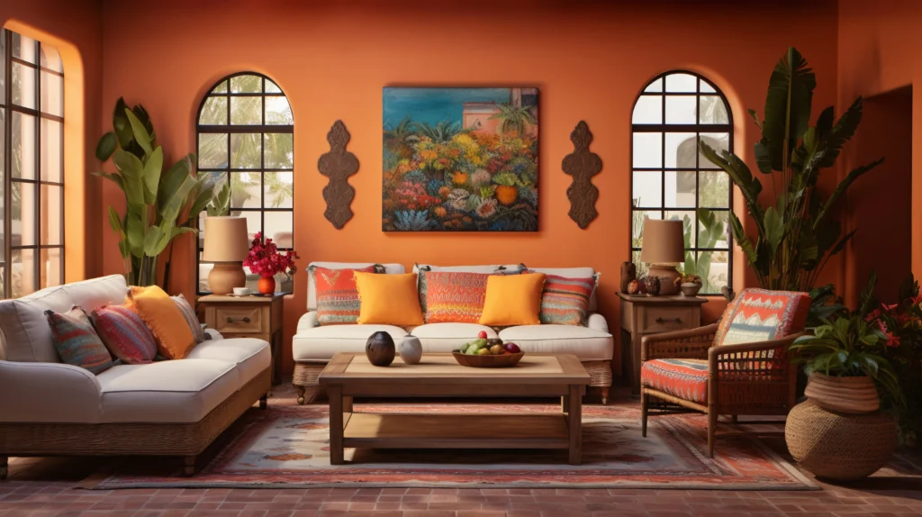 A transitional-themed interior featuring off-orange color, complemented by a beautiful light brown sofa and a wood-finished center table. learn how to choose the perfect furniture for your home.